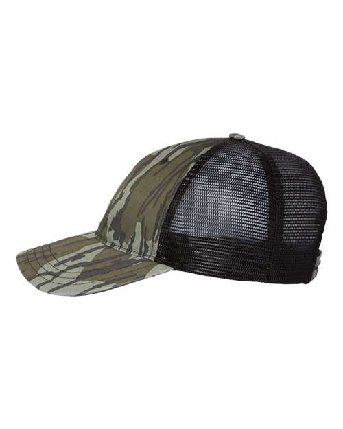 Richardson 111P Garment Washed Printed Trucker Cap #color_Mossy Oak Bottomland/ Black