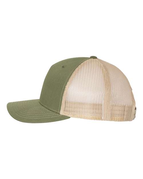 Richardson 112FP Five-Panel Trucker Cap #color_Army Olive Green/ Tan