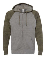Independent Trading Co. PRM33SBZ Special Blend Raglan Full-Zip Hooded Sweatshirt #color_Nickel Heather/ Forest Camo
