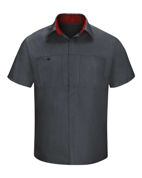 Red Kap SY42 Performance Plus Short Sleeve Shirt with Oilblok Technology #color_Charcoal/ Fireball Red