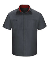 Red Kap SY42 Performance Plus Short Sleeve Shirt with Oilblok Technology #color_Charcoal/ Fireball Red