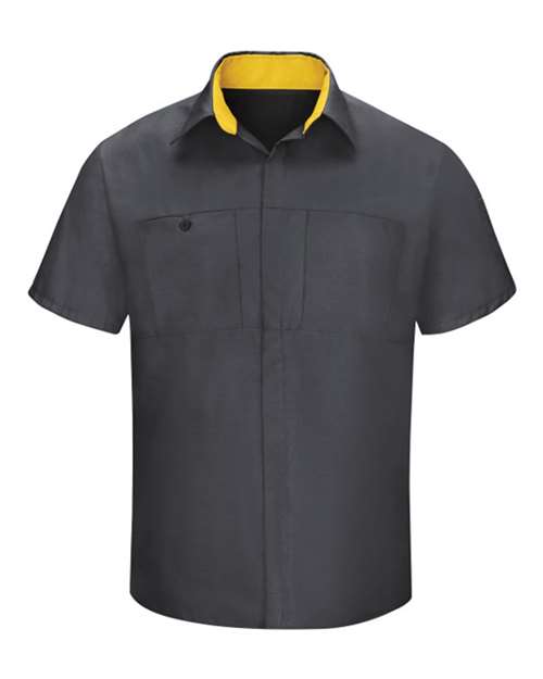 Red Kap SY42 Performance Plus Short Sleeve Shirt with Oilblok Technology #color_Charcoal/ Yellow