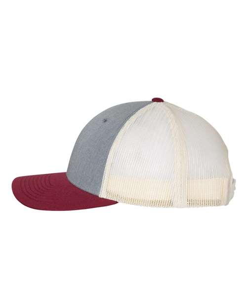 Richardson 115 Low Pro Trucker Cap #color_Heather Grey/ Birch/ Cardinal
