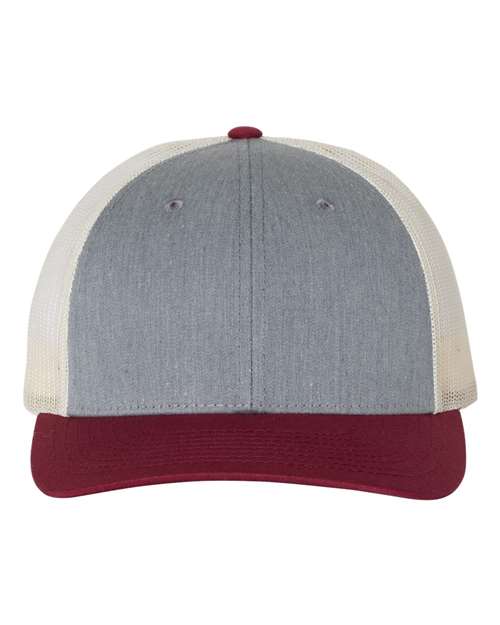 Richardson 115 Low Pro Trucker Cap #color_Heather Grey/ Birch/ Cardinal