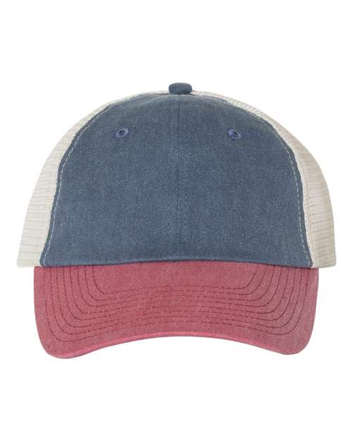Valucap SP510 Pigment-Dyed Trucker Cap #color_Navy/ Cardinal/ Stone