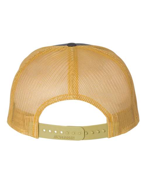 Richardson 168 Seven-Panel Trucker Cap #color_Charcoal/ Old Gold