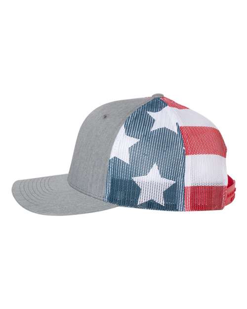 Richardson 112PM Printed Mesh Trucker Cap #color_Heather Grey/ Stars & Stripes