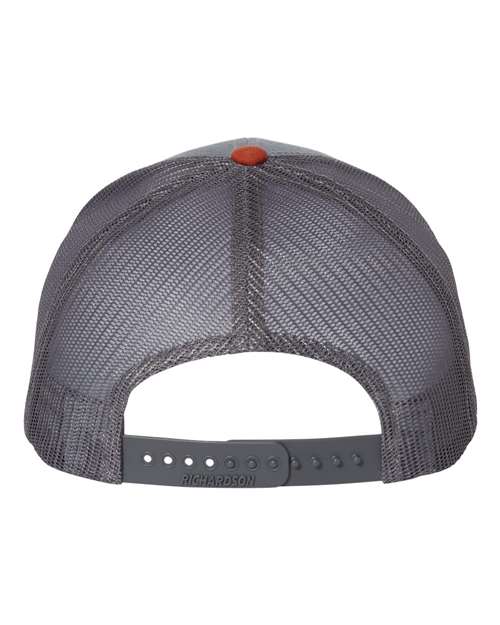 Richardson 112 Snapback Trucker Cap #color_Heather Grey/ Charcoal/ Dark Orange