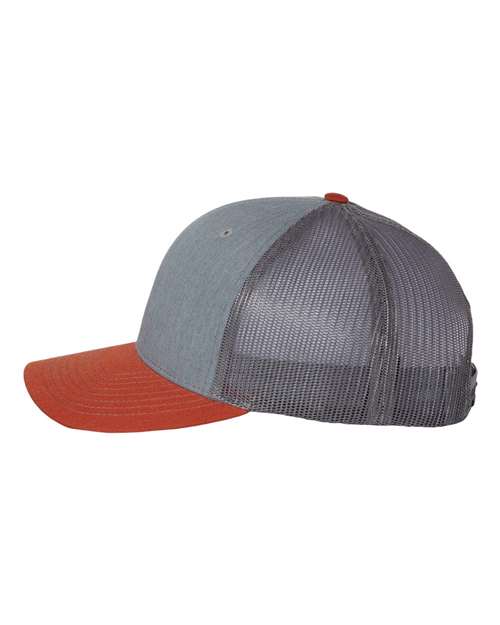 Richardson 112 Snapback Trucker Cap #color_Heather Grey/ Charcoal/ Dark Orange