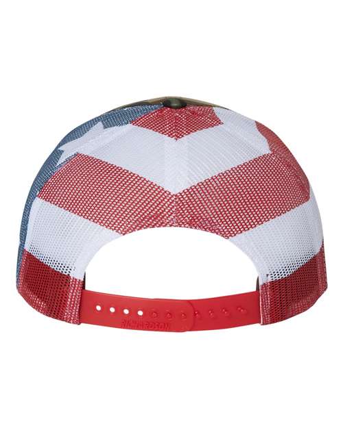 Richardson 112PM Printed Mesh Trucker Cap #color_Green Camo/ Stars & Stripes