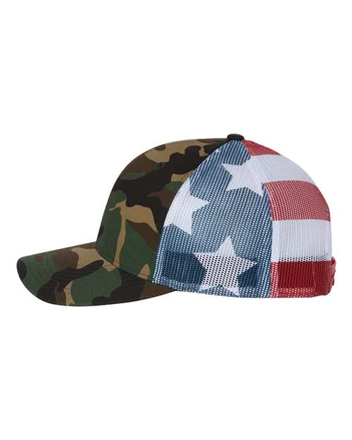 Richardson 112PM Printed Mesh Trucker Cap #color_Green Camo/ Stars & Stripes