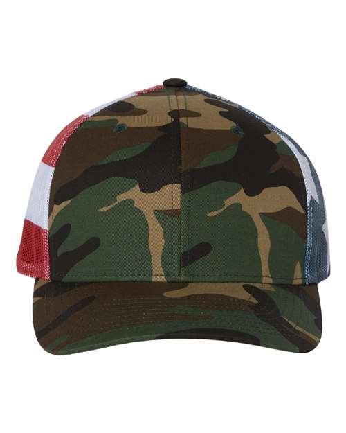 Richardson 112PM Printed Mesh Trucker Cap #color_Green Camo/ Stars & Stripes