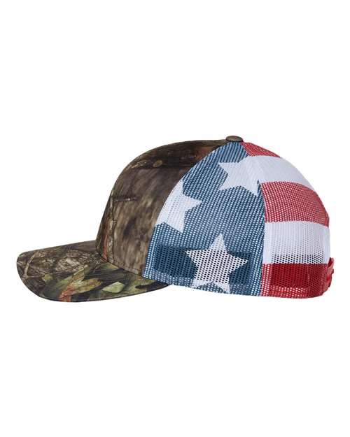 Richardson 112PM Printed Mesh Trucker Cap #color_Mossy Oak Break-Up Country/ Stars & Stripes