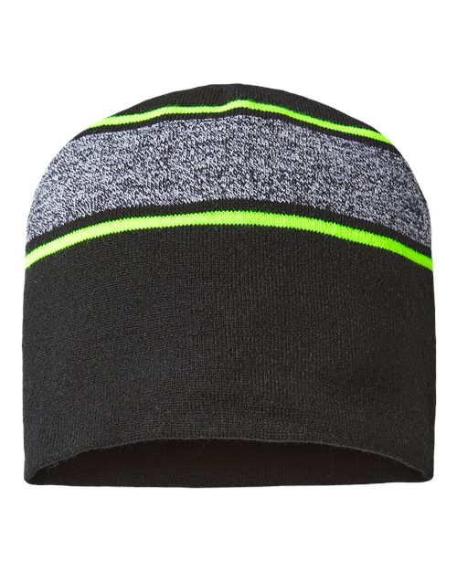 CAP AMERICA RKV9 USA-Made Variegated Striped Beanie #color_Black/ Neon Yellow